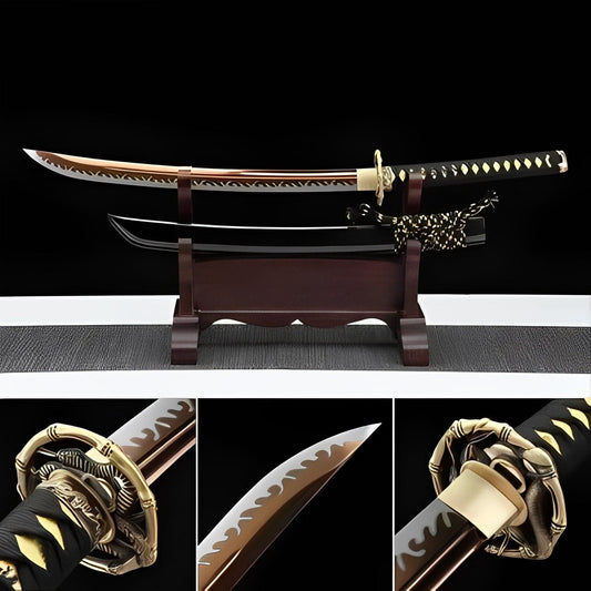 Handmade Japanese Wakizashi Viper Short Sword Baked Gold Blades
